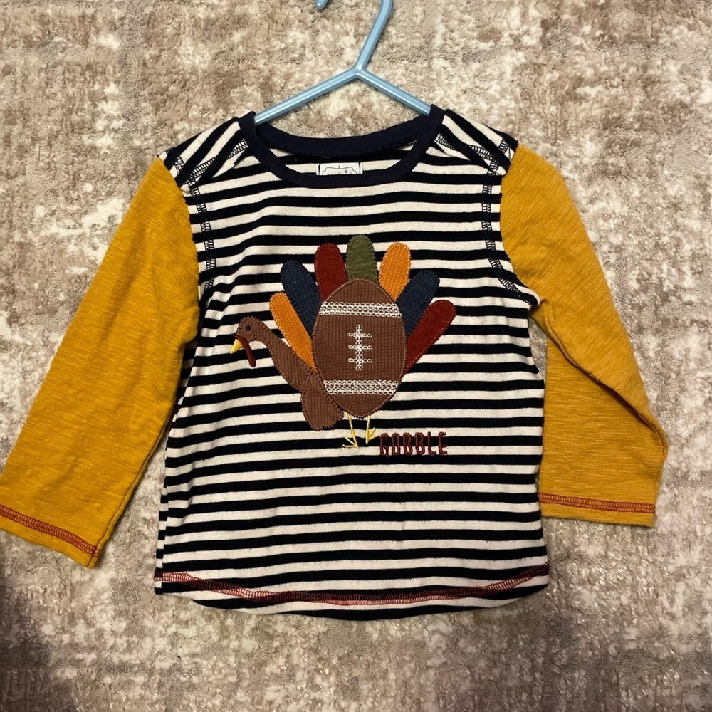 Mud Pie Kids Shirt with Turkey Appliqué - Navy and Mustard size 12–18M